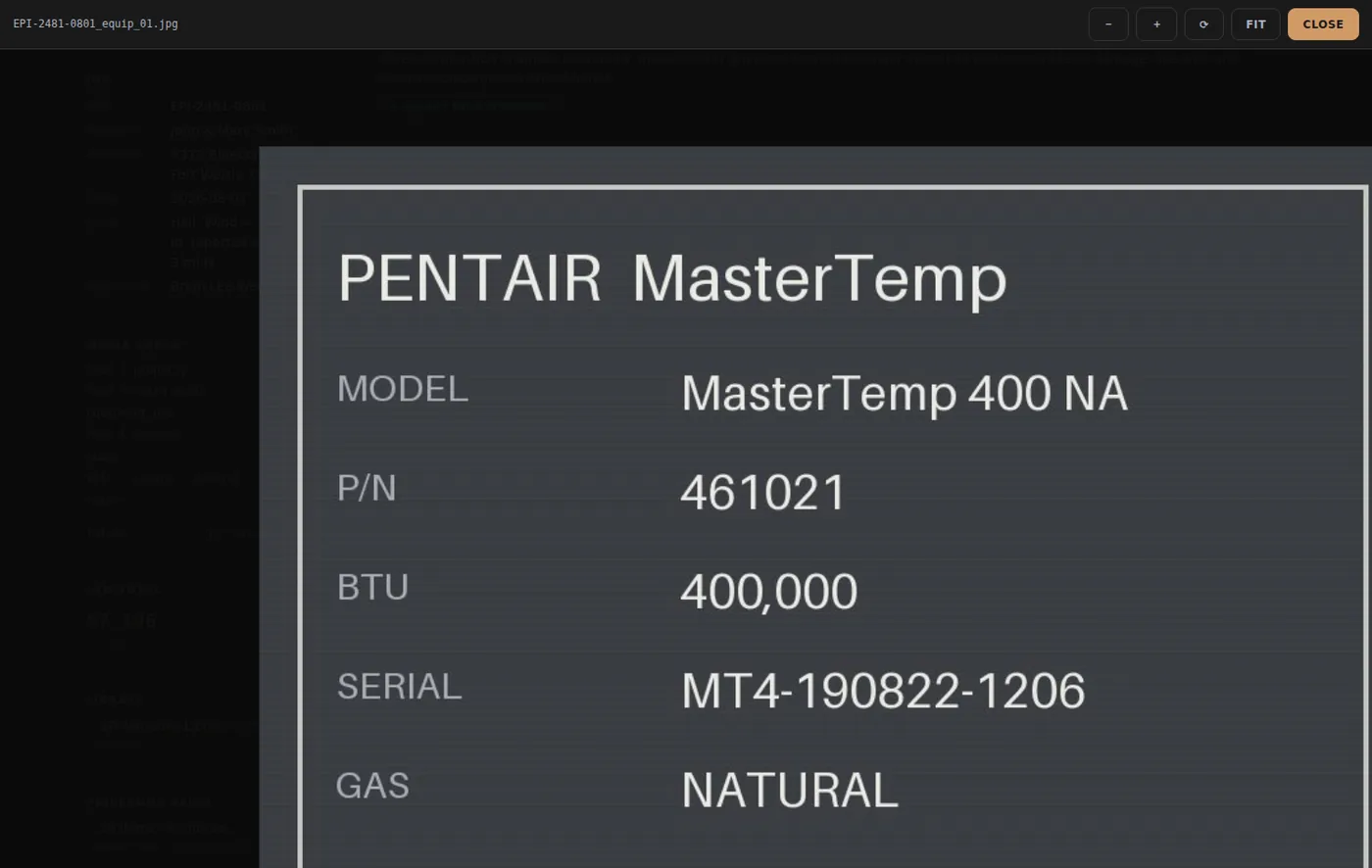 EPI Desk data-plate zoom reading the model and serial number off a Pentair MasterTemp heater photo