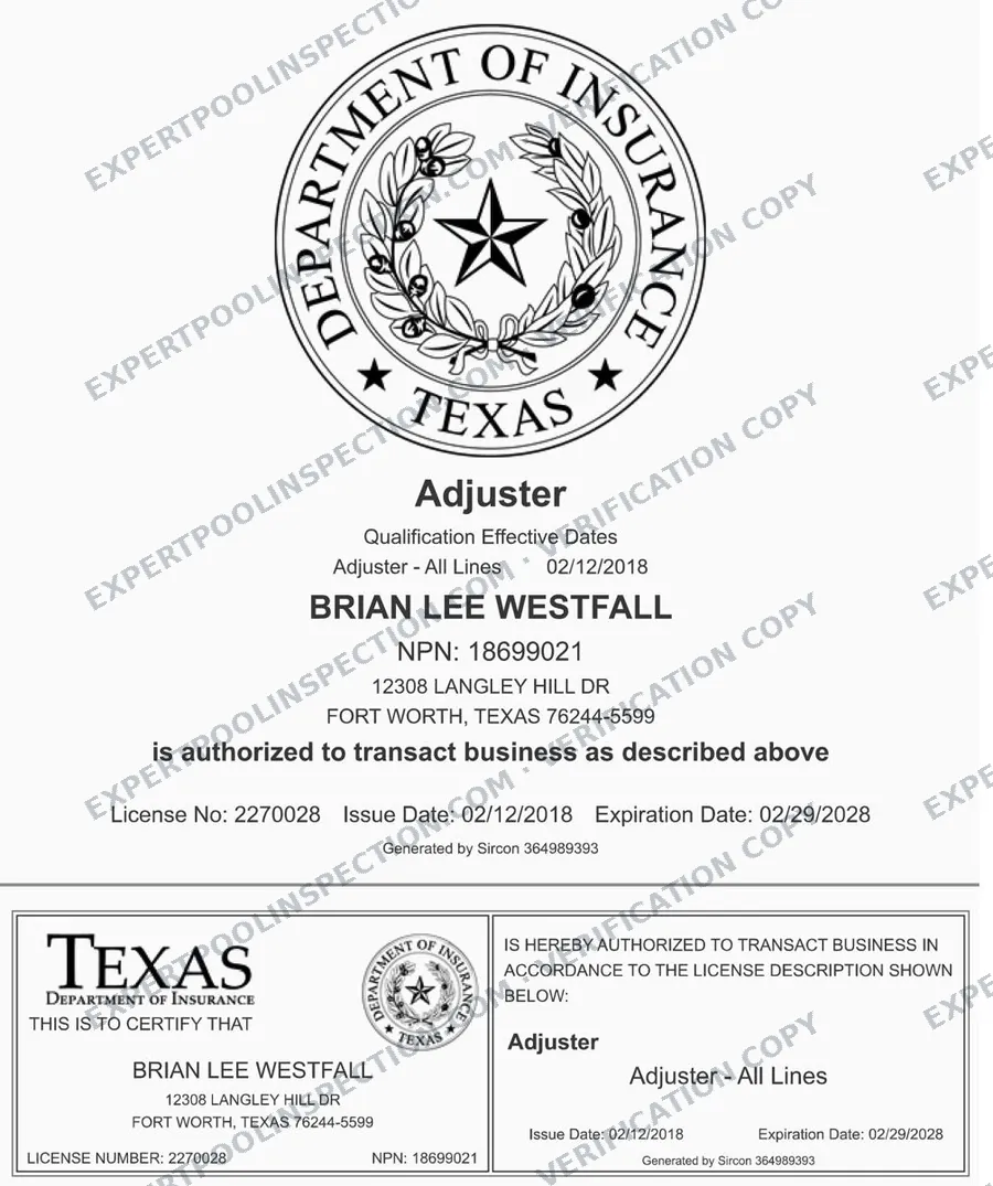 Texas All-Lines Adjuster license #2270028 — Brian Lee Westfall